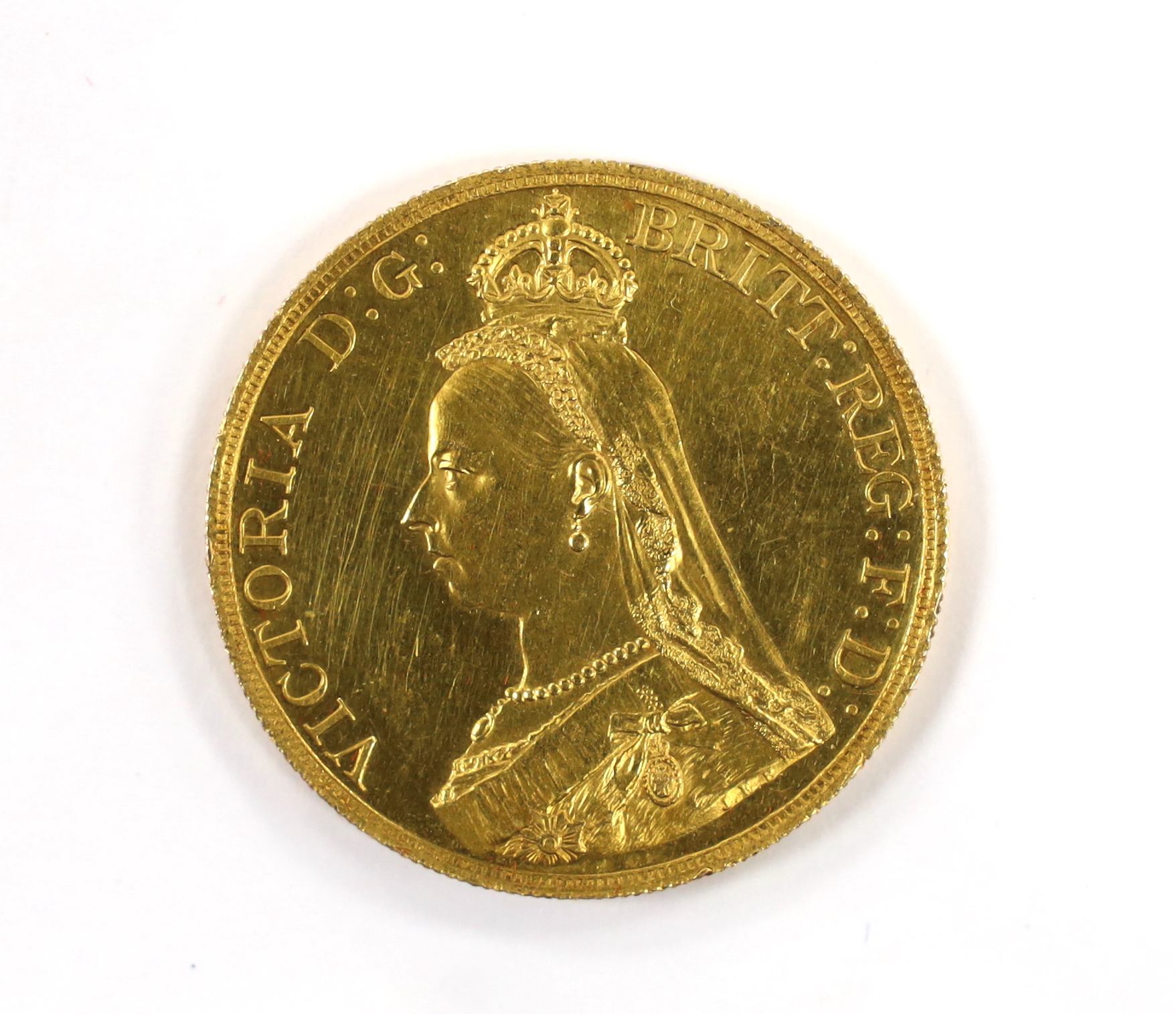 A British gold coins, Victoria gold £5, 1887, small edge nicks, otherwise about UNC.